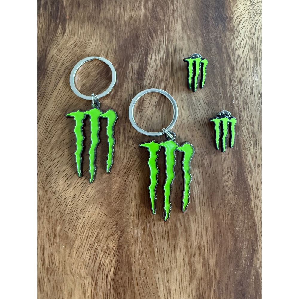 Monster Energy Logo Keychain and Pin Set Neon Green Enamel 4 Piece Lot